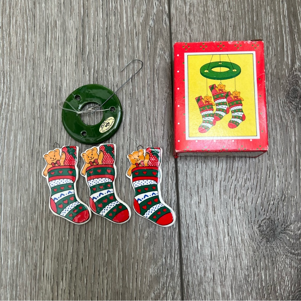RUSS VINTAGE PORCELAIN HOLIDAY CHIME BEAR STOCKING ORNAMENT WITH BOX